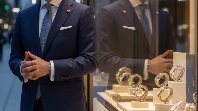 高級時計店のショーケースを眺める投資家風の日本人男性