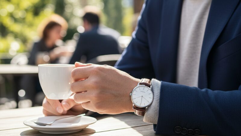 カフェでドレスウォッチを着こなす男性
