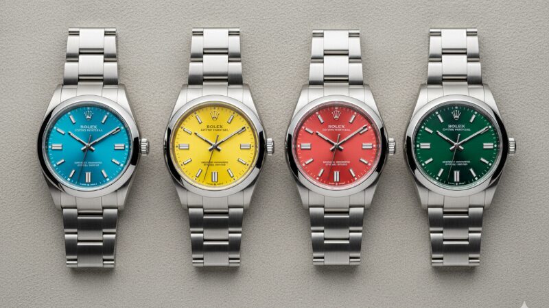 オイスターパーペチュアルの複数のカラーダイヤルが並べられた様子