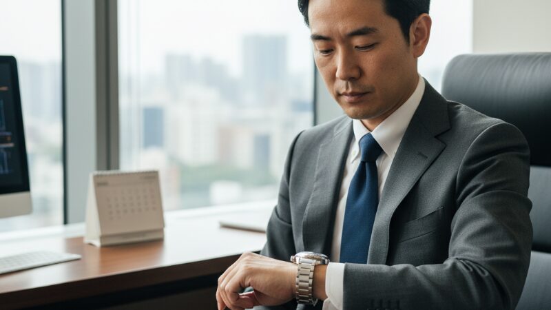 ビジネスシーンでスピードマスター レーシングの日付表示を確認する日本人男性