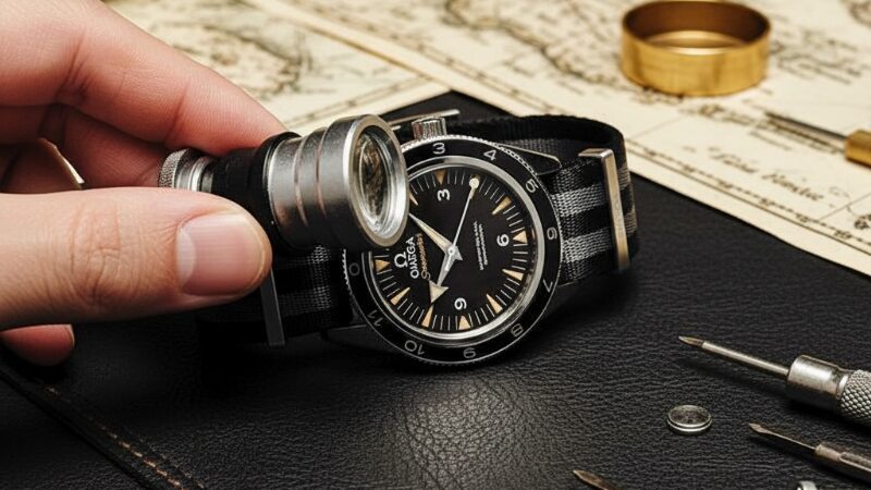ルーペでオメガの腕時計を調べるコレクター