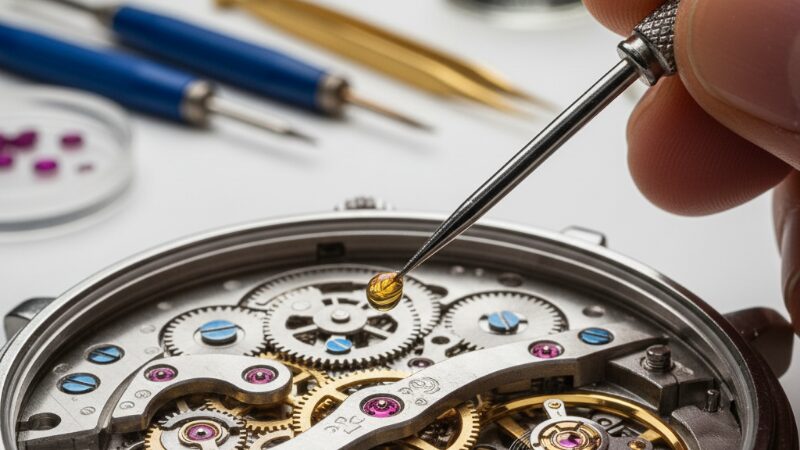 時計師が脱進機の精密な部分に注油している作業風景