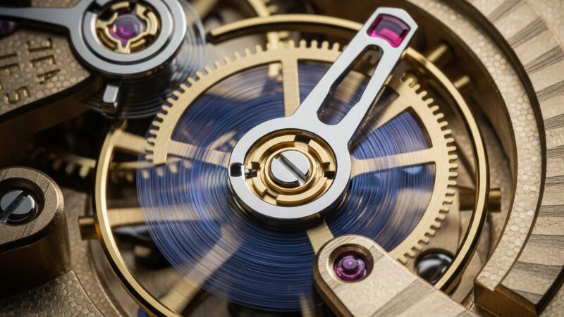 機械式時計の心臓部である脱進機の精緻なクローズアップ