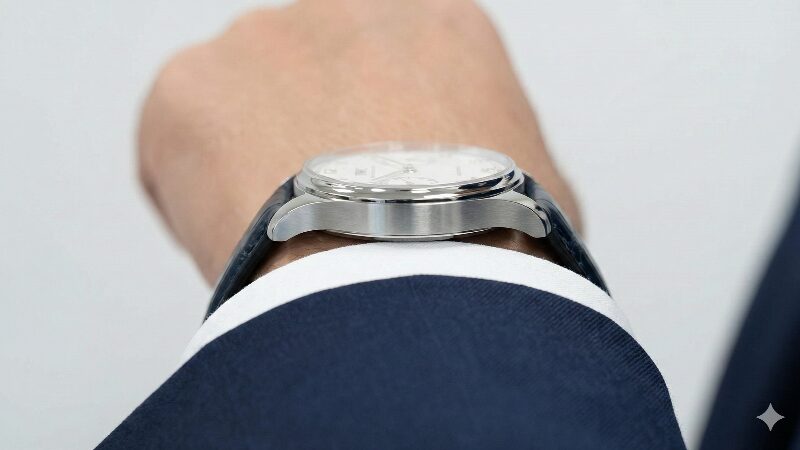 スーツを着た男性の手首にあるポルトギーゼ40の側面