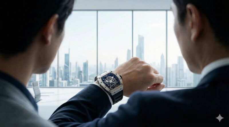 未来的なオフィスでリシャール・ミルを見る起業家