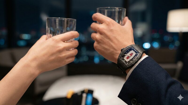 高級ラウンジでリシャール・ミルを着用する成功した男女