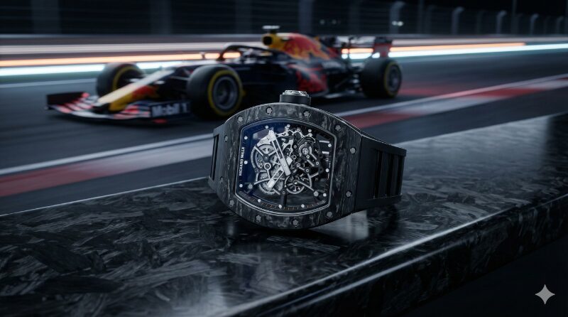 リシャール・ミルの時計とカーボンファイバーの背景、F1カーの疾走感