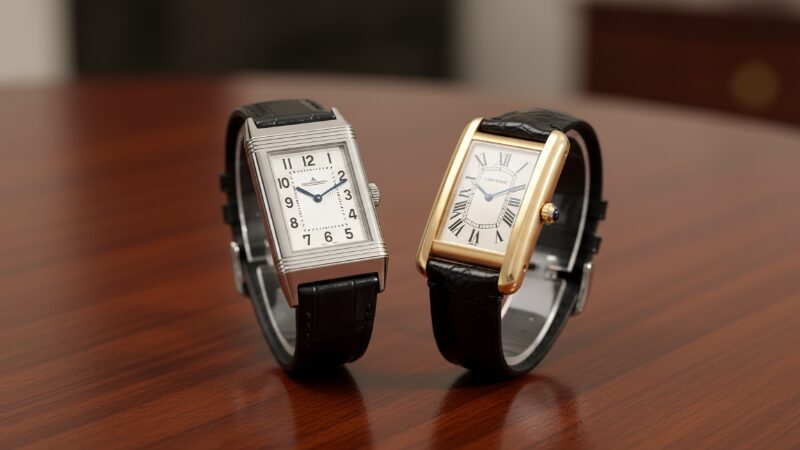 ジャガー・ルクルトのレベルソとカルティエのタンクが並べられた比較イメージ