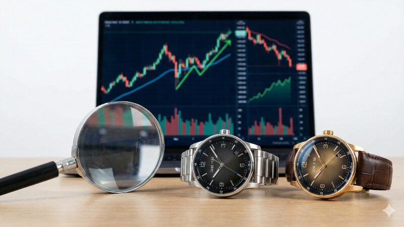 時計の市場価格グラフとCode 11.59のステンレスモデルとゴールドモデルを比較検討している様子