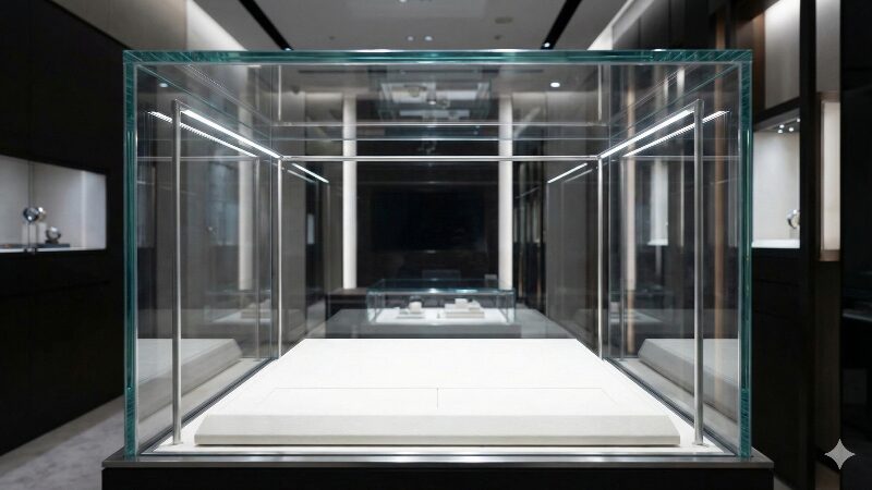 高級時計ブティックの空のショーケースと洗練された内装、在庫不足を示唆するイメージ