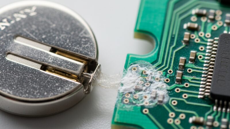 液漏れを起こしたクォーツ時計の電池と腐食した回路