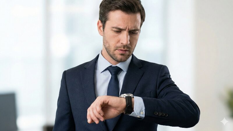 腕時計の厚みを気にして困った表情をするスーツ姿のビジネスマン