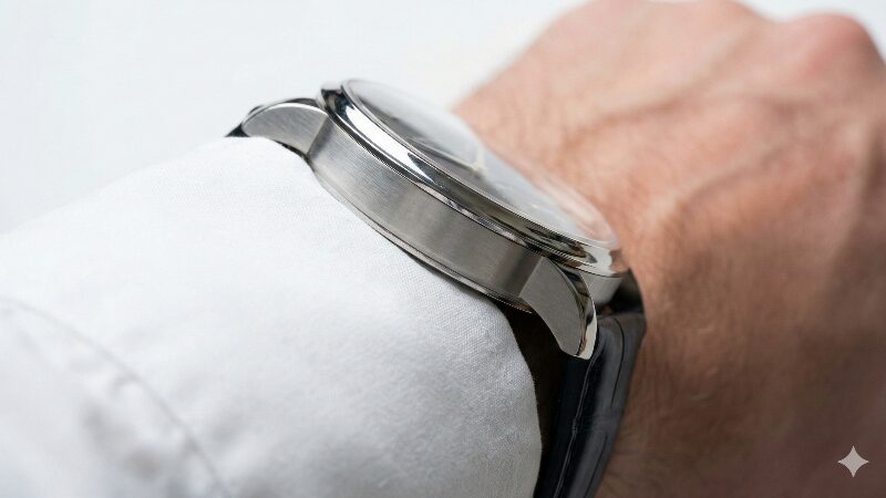 ワイシャツの袖口に引っかかっている分厚い機械式時計