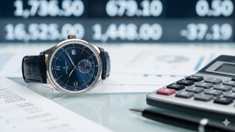 テーブルに置かれた高級時計と電卓などの金融イメージ