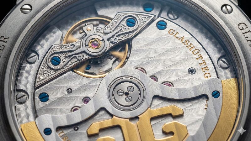 ダブルスワンネック緩急針など美しい装飾が施されたムーブメント