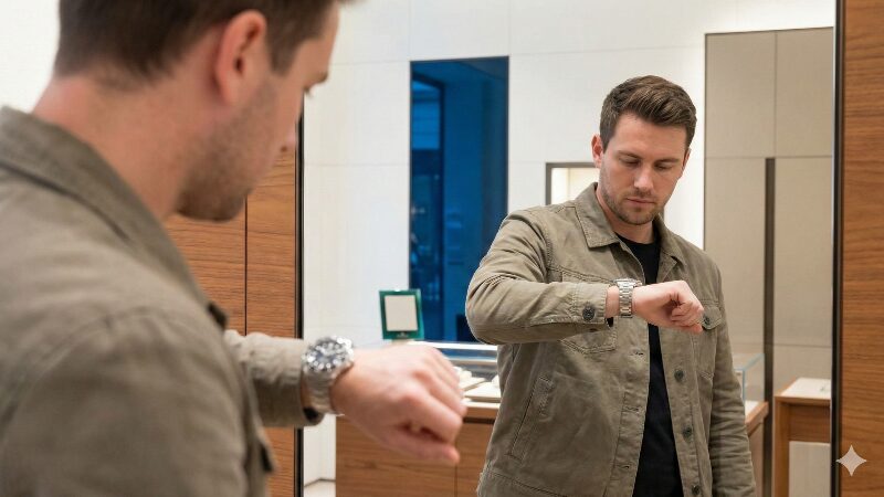 時計店でダイバーズウォッチを試着しサイズ感を確認している男性