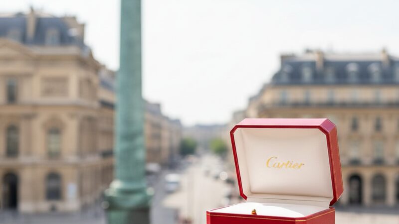 パリのヴァンドーム広場を背景にしたカルティエの赤いジュエリーボックス