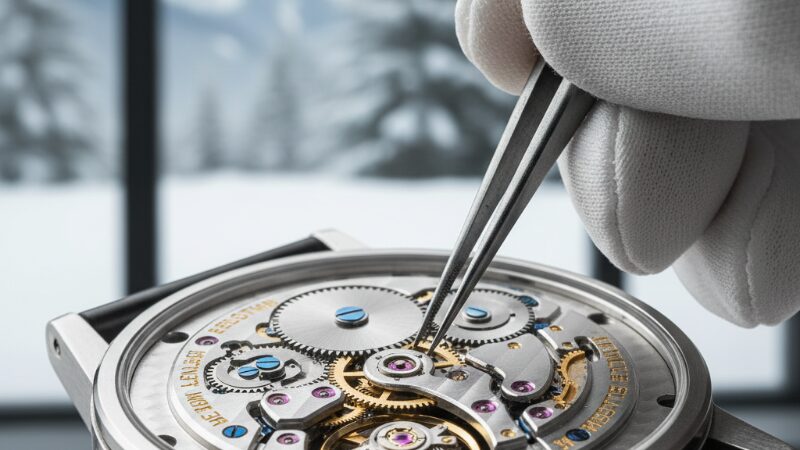 スイス・ジュウ渓谷の時計工房でムーブメントを調整する時計職人の手元