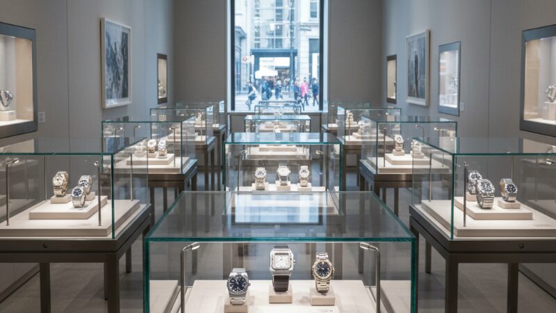 高級時計が陳列されたオークションハウスまたは高級中古時計店の内部