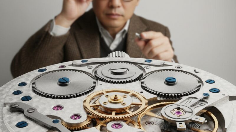 クロノグラフムーブメントの精密な歯車と、中央の秒針を指さす男性