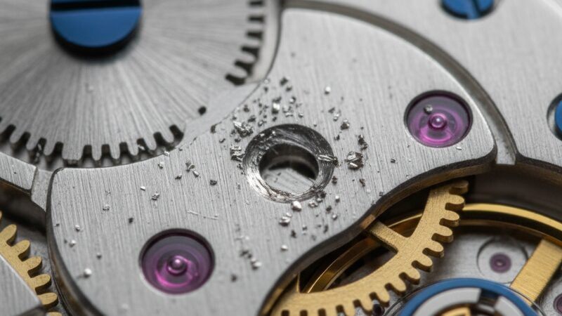 摩耗して金属粉が飛散した時計の歯車