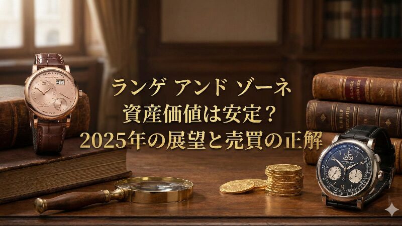 ランゲ＆ゾーネの時計、アンティークな書物、金貨が配置された高級感のあるデスクの上