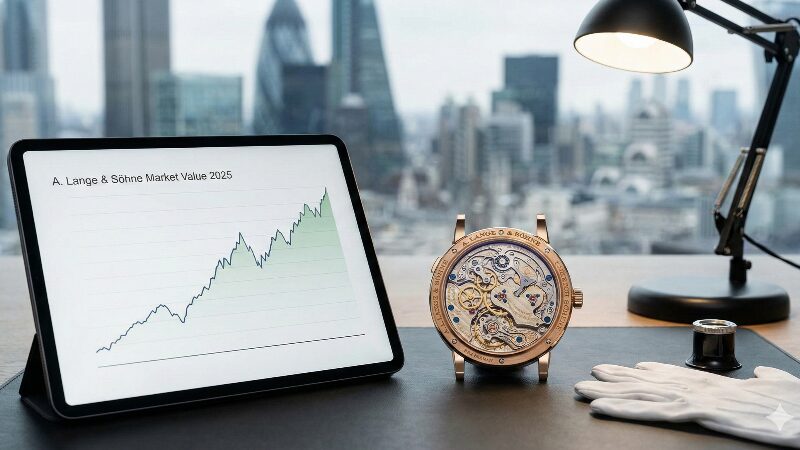 2025年の市場価値上昇を示すグラフが表示されたタブレットと、美しい仕上げのランゲ＆ゾーネのムーブメント