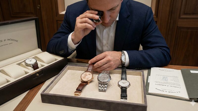 ランゲ1、オデュッセウス、サクソニアの3本の時計を前に、ルーペを使って入念に鑑定