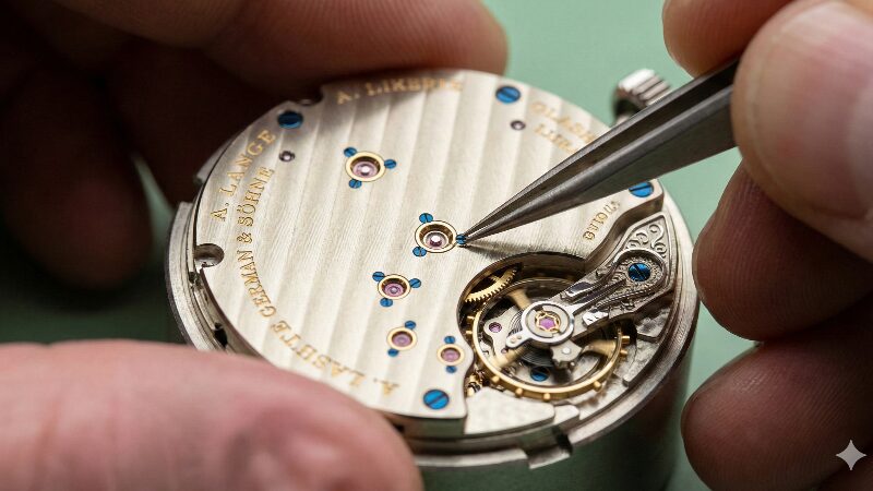 熟練した時計師が、温かみのある輝きを放つジャーマンシルバー製のランゲ＆ゾーネのムーブメントを組み立てている
