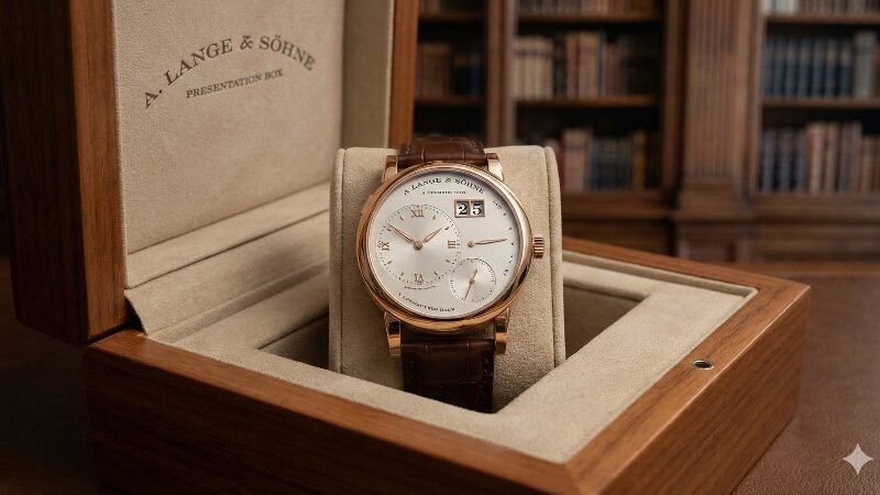 高級な木製ボックスに収められた、ピンクゴールドケースのランゲ＆ゾーネ ランゲ1