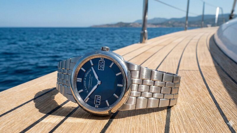 晴れた日の豪華なヨットのデッキに置かれた、ステンレススティール製のA. ランゲ＆ゾーネ オデュッセウス