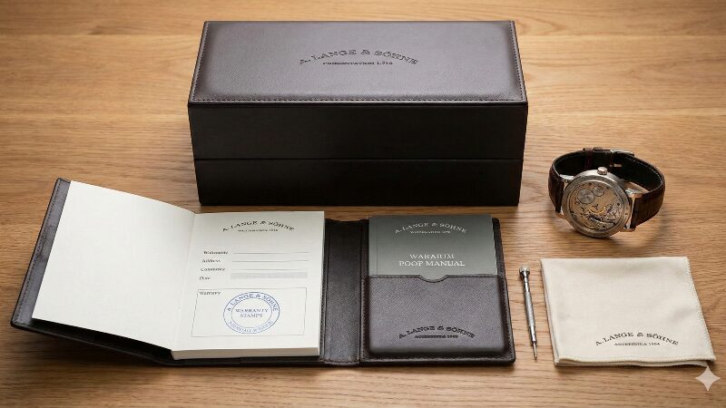 ランゲ＆ゾーネの純正ボックス、保証書、取扱説明書、調整ピンなどの付属品一式が完璧に揃えられ