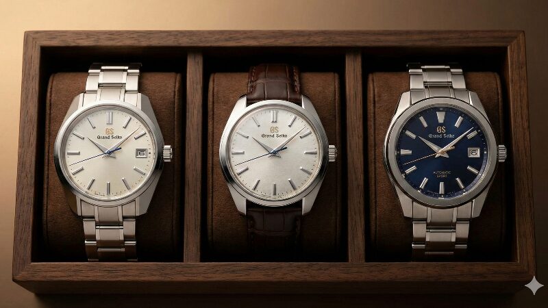 木製の高級なウォッチトレイに並べられた3本のグランドセイコー（ヘリテージ、エレガンス、スポーツ）