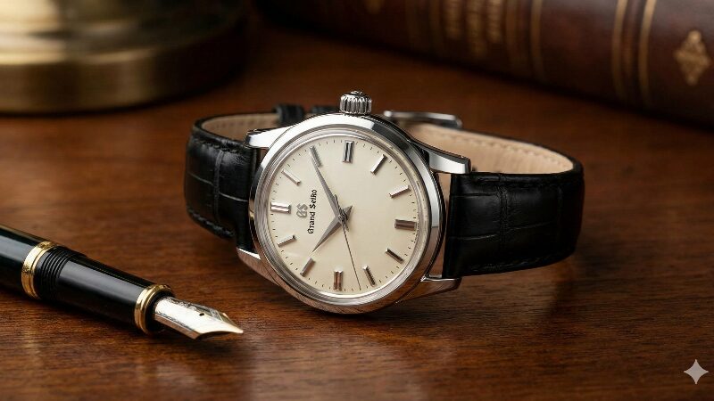 手巻きモデルSBGW301。アイボリーの丸い文字盤と黒い革ベルト、アンティークなデスクの上に置かれている。