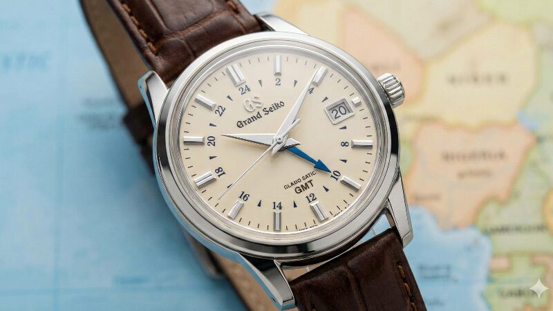 GMTモデルSBGM221。クリーム色の文字盤と鮮やかな青いGMT針、茶色の革ベルト。