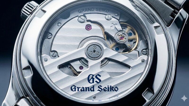 グランドセイコーのスプリングドライブムーブメントとザラツ研磨されたケースのアップ