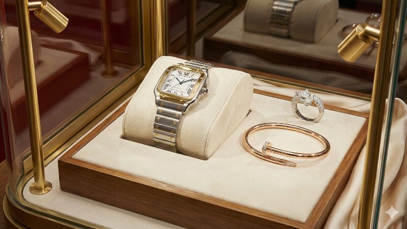 カルティエのハイジュエリーと共にディスプレイされたサントスウォッチ