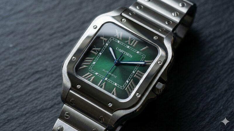 光を受けて美しく輝くスモーキーグリーンの文字盤を持つサントスウォッチ