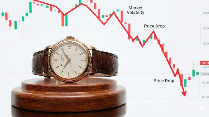 価格の下落傾向を示すグラフを背景に、ショーケースに飾られた高級時計