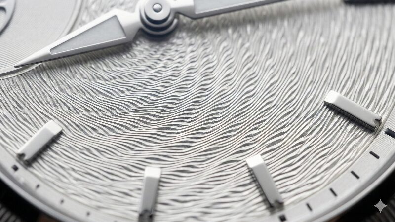 パルミジャーニ・フルリエのトンダPFに見られる、非常に微細な「バーリーコーン（麦の穂）」ギョーシェ彫り