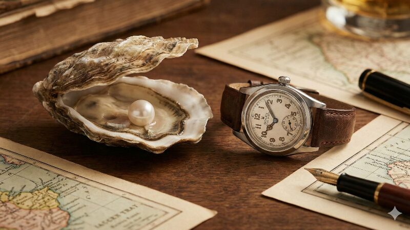 アンティークな机の上に置かれた牡蠣の殻と1926年のヴィンテージロレックス