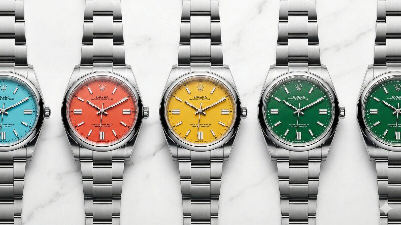 白い大理石の上に並べられたカラフルな文字盤の現代的なロレックス オイスターパーペチュアル