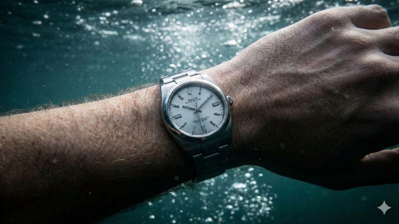 冷たいドーバー海峡を泳ぐスイマーの腕に巻かれたロレックス オイスターの水中クローズアップ