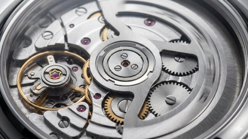 機械式時計の内部にある自動巻きローターと精密な歯車のマクロ撮影