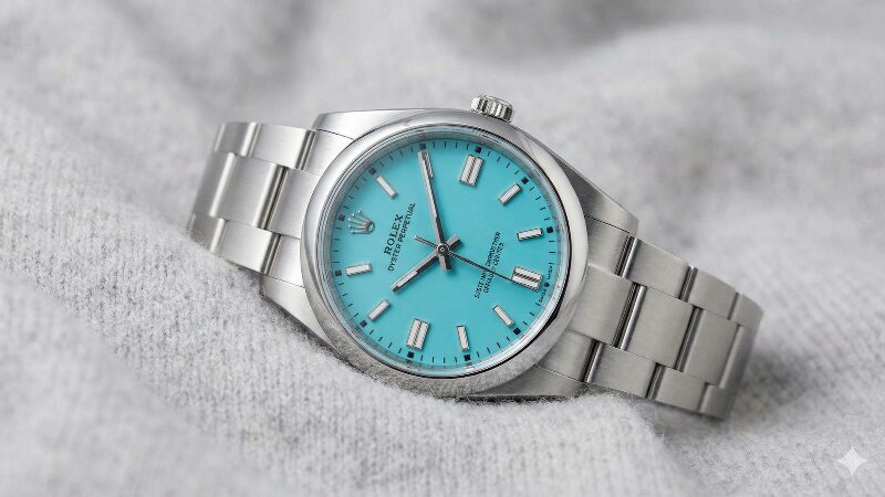 グレーのカシミアの上に置かれた鮮やかなターコイズブルー文字盤のロレックス オイスターパーペチュアル