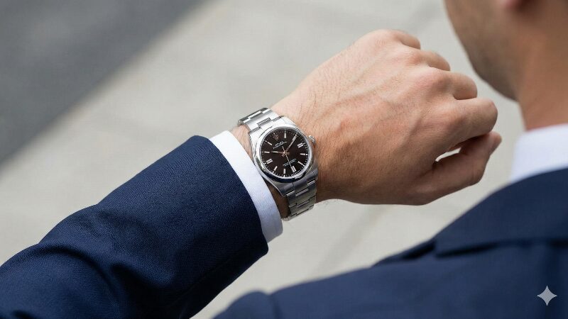 紺色のスーツを着たビジネスマンの袖口から見える36mmの黒文字盤ロレックス