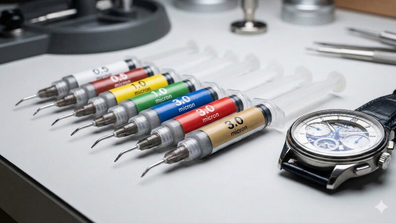 異なる粒度のダイヤモンドペーストが入ったシリンジセットと時計