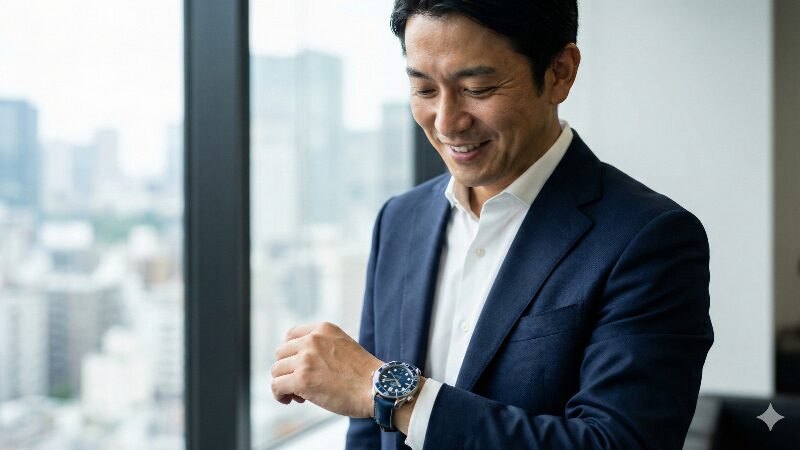 オフィスの背景で、スーツ姿の40代男性が青い革ベルトのオメガ シーマスターを着用し、自信に満ちた表情で腕元を見ている様子