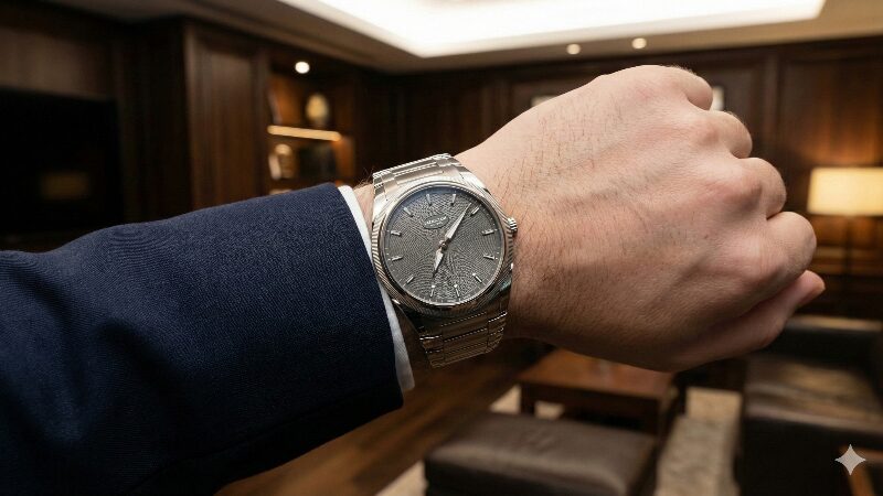 上質なイタリアンサルトのスーツを着たビジネスマンの手首に、パルミジャーニ・フルリエのトンダPFマイクロローター