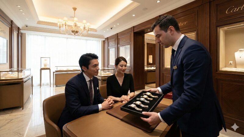 高級感あふれるカルティエブティックの内部とサントスウォッチのディスプレイ